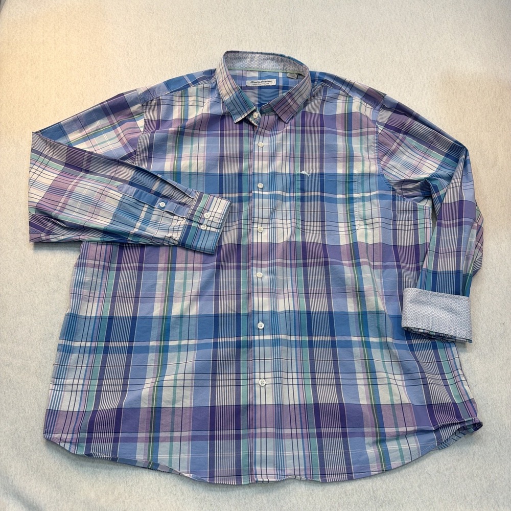 Tommy Bahama Sarasota Stretch Plaid Button Down Shirt Mens XXL Blue Purple Long‎